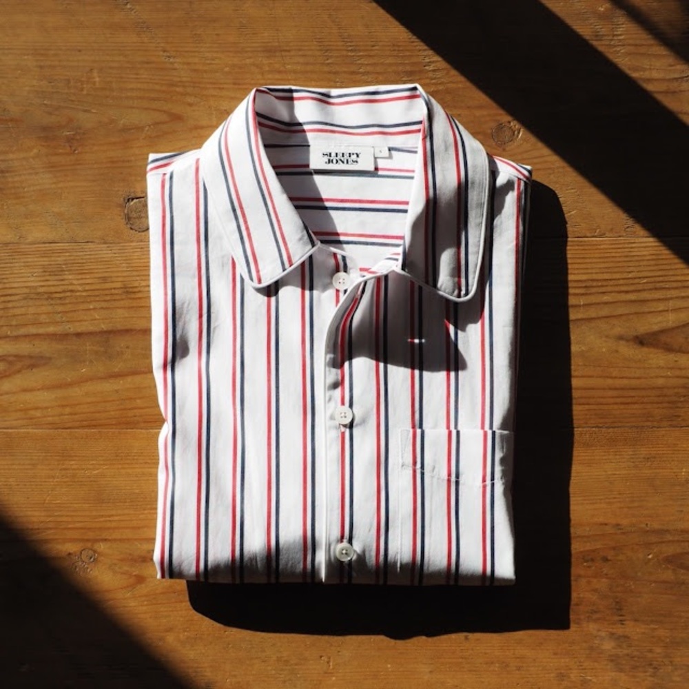 Sleepy Jones Dual Stripe Henry Button Down Striped Blue + Red Pajama Shirt
